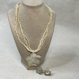 Vintage Mother-Of-Pearl Floral Pendant Necklace & Matching Clip-On Earrings Set